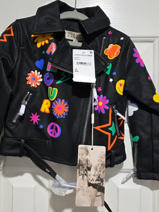 Hannah Banana Black Faux Leather Kids Moto Jacket with Colorful Pop Graphics - Picture 1 of 4